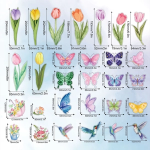 Detailed dimensions of watercolor floral stickers featuring tulips, butterflies and hummingbirds