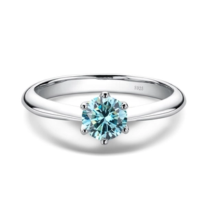 Classic S925 sterling silver ring with 5CT light blue round cut moissanite in 6-prong setting