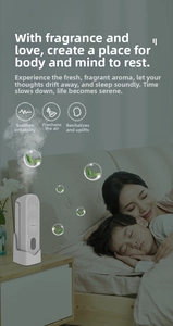 Silent white ultrasonic aroma diffuser misting in a cozy bedroom setting with sleeping family