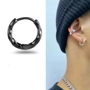 Black twisted rope hoop earring in stainless steel with lifestyle model view