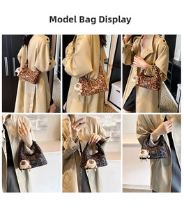 Detail showing two leopard print crescent bags with cute plush sheep charms and brand logo