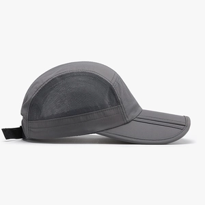 Foldable quick-dry baseball cap in dark grey with breathable mesh panels and adjustable strap
