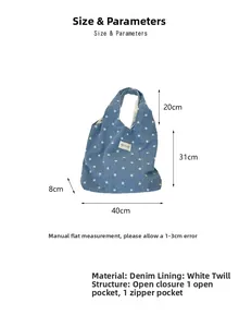 Detaillierte Größentabelle für blaue Denim-Einkaufstasche mit Sternenprint und Maßen