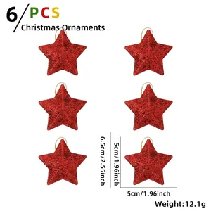 6-piece set of red glitter star Christmas tree ornaments with golden hanging strings