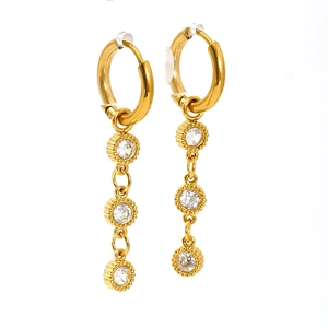 Gold titanium steel hoop earrings with three dangling round cubic zirconia stones