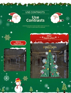 Detail of green Christmas tree static window sticker with snowflake and gold lettering