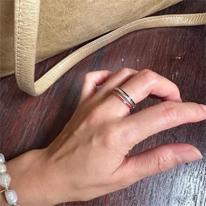 Three-piece minimalist slim 925 silver ring set in red, black, and silver for stacking