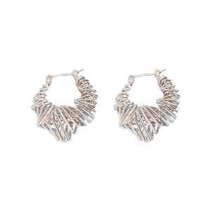 Pair of silver hollow triangle hoop earrings with pleated texture in a minimalist style