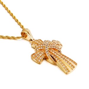 Hip hop gold cross pendant necklace with diamonds and twisted rope chain for men