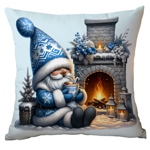 Detail of blue gnome and fireplace print on a winter white decorative pillow cover