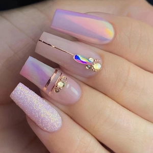 Purple Pink Aurora Rhinestone Press On Nails Long Coffin Shape Glitter Decorative Artificial Fingernails