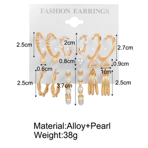 Detailed size chart for golden alloy C-shaped earrings set with white pearls