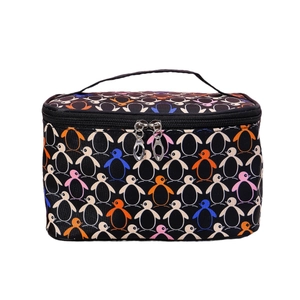 Portable large capacity black toiletry bag with colorful penguin print and handle