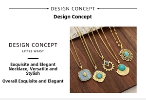 Close-up of vintage gold necklaces with blue turquoise stones on dark wood background