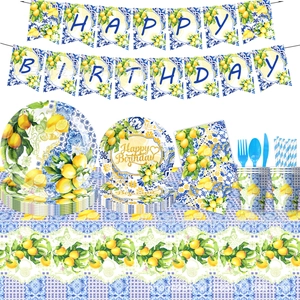 Detail of Mediterranean lemon party set with Happy Birthday banner and paper plates