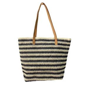 Eco-friendly raffia woven beach tote bag with black stripes and brown faux leather handles