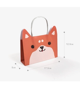 Detail showing dimension 17.5x5x12.5cm of Shiba Inu cartoon paper gift bag with handles