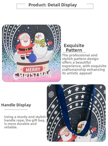 Close-up of Christmas gift bag featuring snowman and Santa Claus with blue ribbon handle