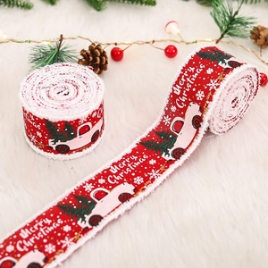 Christmas ribbon roll with vintage truck and tree print on red rustic fabric