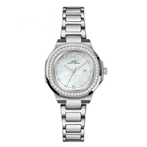 Women silver steel watch with mother of pearl dial and crystal bezel plus calendar