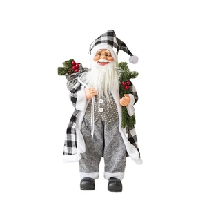 Standing Santa Claus figure with grey coat and black plaid pants for Christmas decor