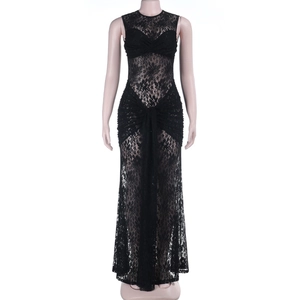 Close-up of intricate black lace patterns and sheer fabric on a slim-fit maxi dress