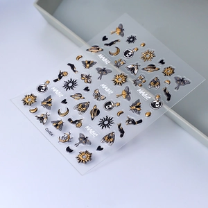 Magic style gold embossed moth and moon nail art stickers set with metallic finish