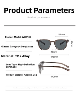 Detailed size chart for retro square sunglasses showing dimensions and TR alloy frame specs