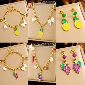 Edelstahl Emaille Frucht Schmuck Halskette Armband Und Ohrringe Mit Traube Wassermelone Ananas Erdbeere Anhängern Für Damen