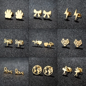Stainless Steel Stud Earrings For Women Tiny Ballerina Bowknot Love Heartbeat Flash Geometric Fox Fashion Jewelry