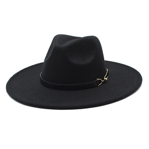 Classic black wide brim fedora wool hat for men and women with gold buckle belt