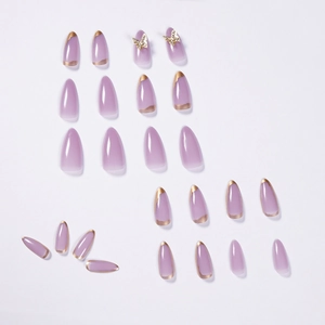 Elegant purple almond press-on nails with gold French tips and 3D rhinestone butterfly