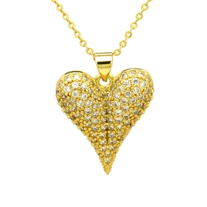 Elegant gold-plated heart pendant necklace with shimmering zircon pavé stones on white background