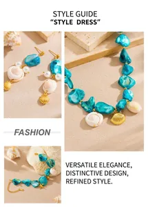 Detail of beach jewelry set featuring turquoise beads, pearls, and golden seashell charms