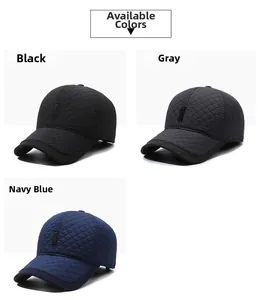 Detailed view of quilted winter baseball hats with ear protection in black, grey, and navy