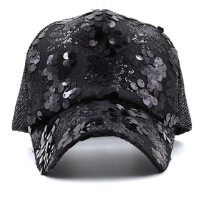 Women's breathable black mesh baseball cap with sparkling sequins and adjustable strap