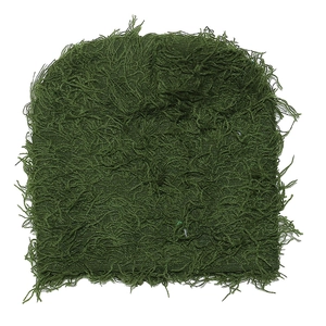 Detail shot of the dark green knitted balaclava with long shaggy fringe texture