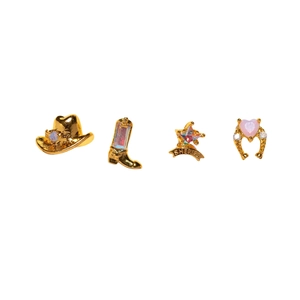 Western cowboy style earrings set with gold sheriff star boots hat and heart horseshoe