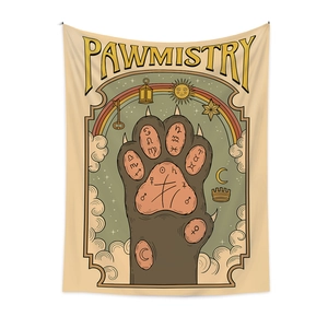 Bohemian Pawmistry cat paw tapestry with vintage astrology symbols for wall decoration