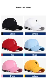 Detail showing colorful street style baseball caps with long printed straps and embroidery