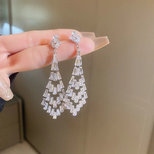 Zircon Tassel Drop Earrings With Copper Base And Silver Earring Post Geometric Chandelier Elegant Jewelry For Women