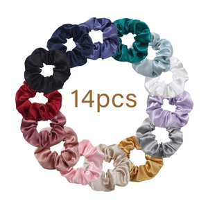 Set of 14 colorful satin scrunchies with a smooth silky texture and glossy finish