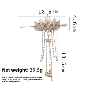 Detailed dimensions of gold vintage wing hair pin with pearl tassels and rhinestones