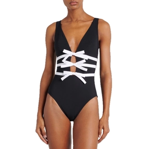 Elegant black and white one-piece swimsuit with V-neck and three-bow cutout design