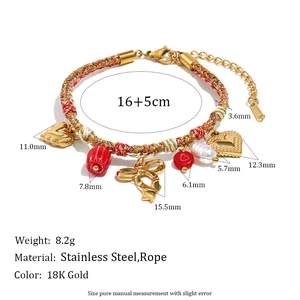 Stainless steel butterfly pendant necklace with colorful woven rope and 18K gold plating