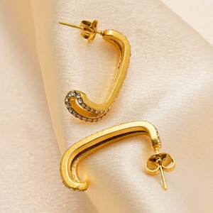 Geometric Double Row Rhinestone C Shape Hoop Earrings Gold Plated Stainless Steel For Women Vintage Style Elegant