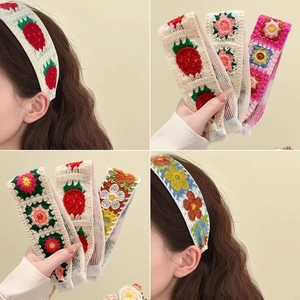 Handmade Crochet Knitted Hairband Magic Tape Broken Hair Finishing Tool French Vintage Floral Headband For Girls Kids