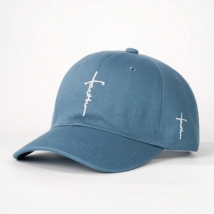 Classic blue cotton baseball cap with white cursive faith embroidery and adjustable strap