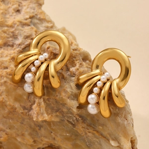 French style gold-plated stainless steel multi-layer pearl earrings on stone base