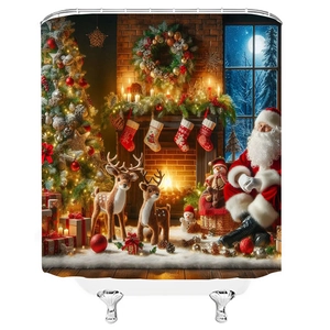 Christmas 3D digital shower curtain with Santa, reindeer and fireplace holiday patterns